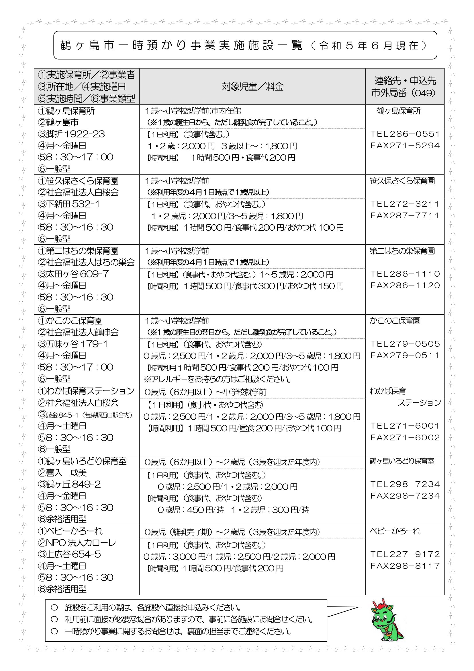 一時預かり事業実施施設一覧